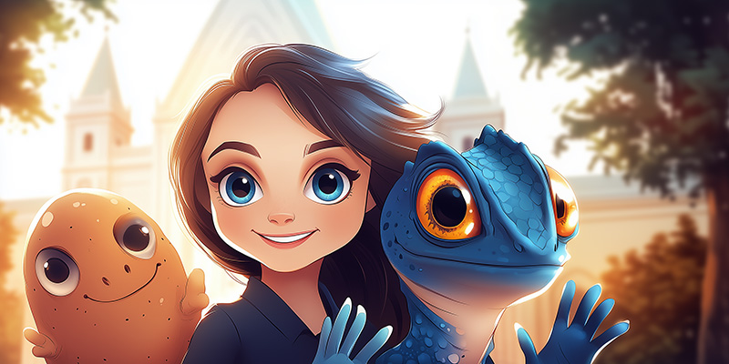 Illustration colorée et joyeuse représentant une jeune fille souriante entourée de deux créatures fantastiques : un caméléon bleu aux grands yeux orange et un personnage en forme de pomme de terre avec un visage expressif. L'image évoque l'amitié et l'aventure dans un univers animé.