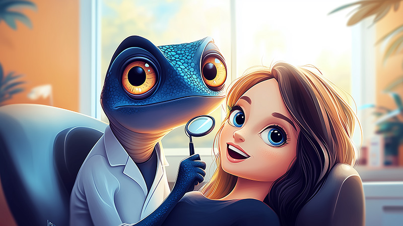 Illustration amusante et colorée représentant un caméléon anthropomorphe habillé en dentiste, tenant un miroir dentaire, tandis qu'une jeune fille souriante est allongée sur un fauteuil de consultation. L'ambiance est chaleureuse et ludique, avec une lumière douce traversant la pièce.