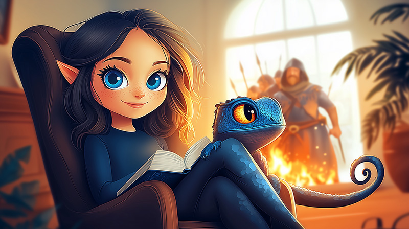 Illustration fantastique d'une jeune fille aux traits elfiques confortablement installée dans un fauteuil, un livre à la main. Sur ses genoux repose un caméléon bleu aux yeux pétillants. Tandis qu'elle tourne les pages, leur imagination prend vie : en arrière-plan, une armée médiévale émerge, accompagnée de flammes, représentant l'histoire captivante qu'elle est en train de lire.
