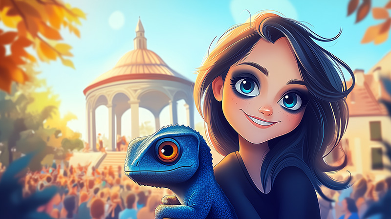 Illustration lumineuse et chaleureuse représentant une jeune femme souriante tenant un caméléon bleu dans ses bras. Devant eux, une grande foule se rassemble autour d'un kiosque élégant, baigné par la lumière dorée d’une fin d'après-midi. L'ambiance animée rappelle un festival en plein air, où musique, spectacles et conversations créent une atmosphère festive et joyeuse.