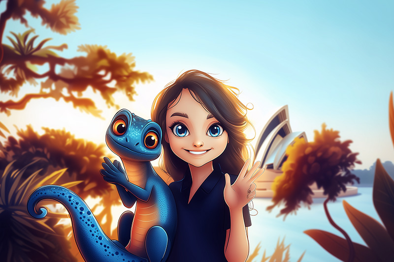 Illustration animée d'une jeune fille souriante tenant un caméléon bleu aux grands yeux orange, avec l'Opéra de Sydney en arrière-plan. L'image évoque l'exploration, l'amitié et l'aventure dans un univers coloré et fantastique.