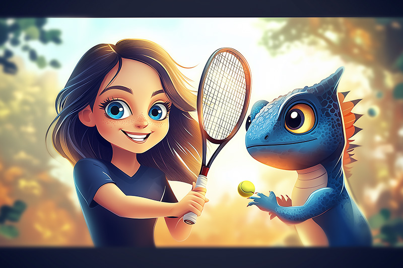 Illustration animée d'une jeune fille souriante jouant au tennis contre un caméléon bleu aux grands yeux expressifs, tenant une balle. L'image évoque le jeu, le sport et l'amusement dans un univers coloré et fantastique.