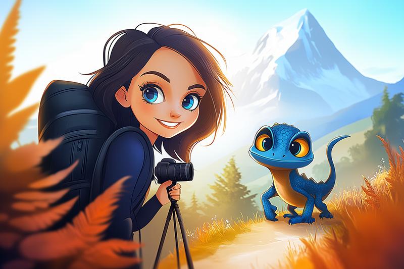 Illustration animée d'une jeune fille exploratrice avec un appareil photo et un sac à dos, accompagnée d'un caméléon bleu aux yeux expressifs, en randonnée dans les Alpes avec une montagne enneigée en arrière-plan. L'image évoque l'aventure, la nature et la découverte.