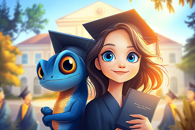 Illustration animée d'une jeune diplômée souriante tenant son diplôme, accompagnée d’un caméléon bleu aux yeux expressifs, tous deux portant une toge et un chapeau de graduation. L'image symbolise la réussite, l'éducation et la célébration.
