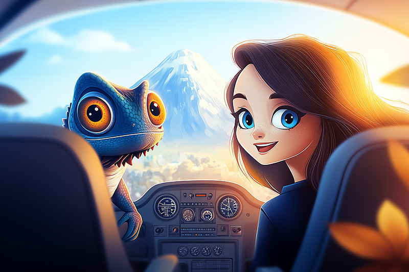 Illustration animée d'un caméléon bleu aux grands yeux pilotant un avion, avec une jeune copilote souriante à ses côtés. À travers le cockpit, une magnifique montagne enneigée est visible, évoquant l'aventure, l'exploration et le voyage.