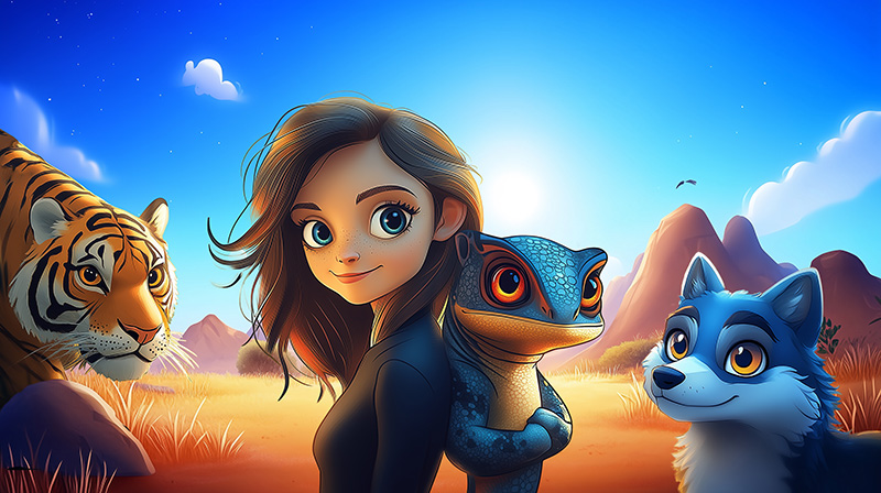 Illustration animée d'une jeune fille et de son caméléon complice dans un paysage de savane ensoleillée, accompagnés d'un tigre majestueux et d'un loup bleu amical. L'image capture une atmosphère d'aventure et de connexion entre l'humain et la nature sauvage.