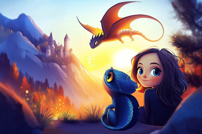 Illustration féerique d'une jeune fille et de son caméléon observant un majestueux dragon voler au-dessus d'un château perché sur une montagne. Le coucher de soleil baigne la scène d’une lumière dorée, créant une ambiance magique et mystérieuse.