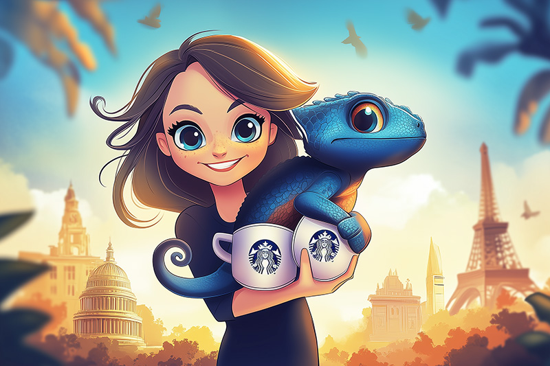 Illustration colorée d'une jeune fille souriante tenant un caméléon bleu dans ses bras, chacun portant une tasse Starbucks. En arrière-plan, des monuments emblématiques comme la Tour Eiffel et le Capitole symbolisent le voyage et la découverte culturelle.