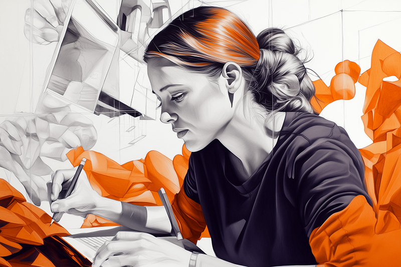 Illustration artistique d'une jeune femme concentrée sur sa tablette graphique. Des formes abstraites orange émergent en arrière-plan, symbolisant la créativité et l'autonomie.