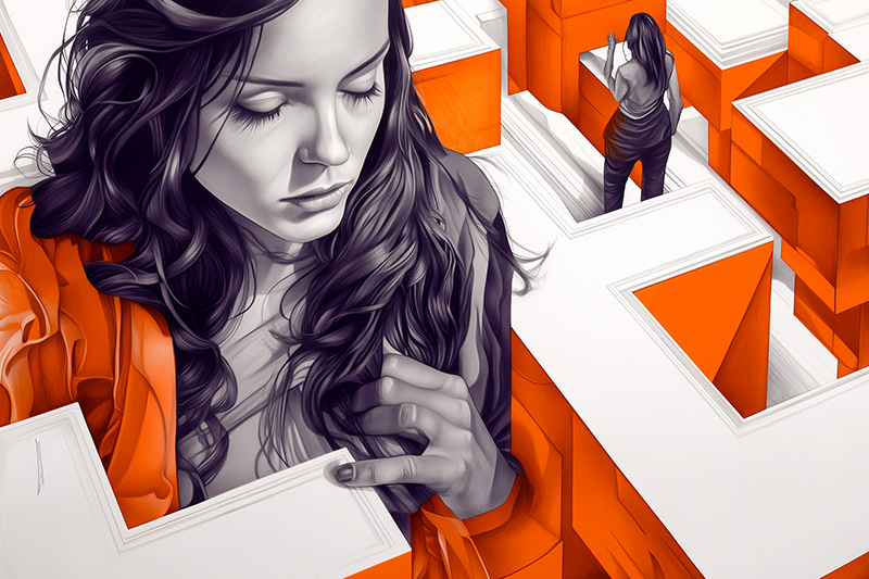 Illustration conceptuelle d'une jeune femme déterminée naviguant dans un labyrinthe complexe, symbolisant la résolution de problèmes et l'efficacité. Le contraste entre le noir, le blanc et l'orange vif met en avant sa réflexion stratégique et sa résilience