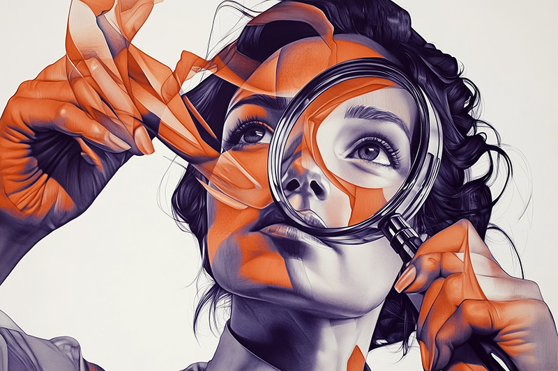 Illustration artistique d'une femme examinant attentivement son environnement à travers une loupe, incarnant la curiosité et l'attention aux détails. Les nuances de noir, blanc et orange accentuent la quête de connaissance et d'analyse.