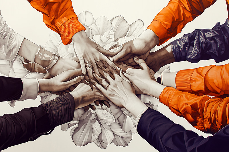 Illustration artistique de mains diverses s'unissant au centre, symbolisant le travail d'équipe, la collaboration et la solidarité. Les contrastes en noir, blanc et orange mettent en valeur la force de l'effort collectif et des objectifs communs.