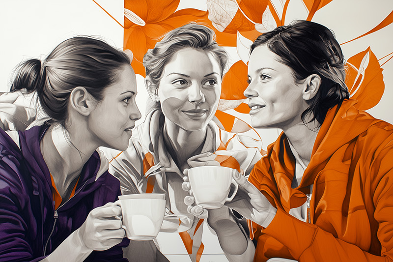 Illustration artistique de trois femmes partageant un moment convivial autour d'un café. Leurs expressions sincères et leur complicité évoquent l'authenticité, la bienveillance et le lien social. Les touches d'orange contrastent avec le noir et blanc, mettant en valeur l'énergie et la chaleur de l'échange.