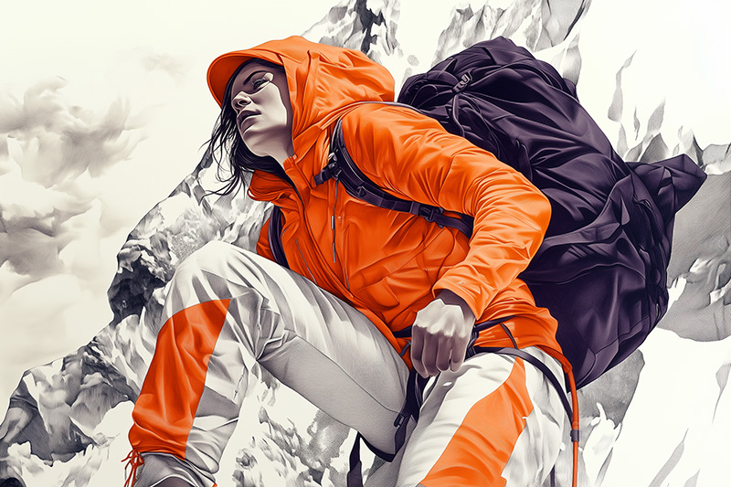 Illustration dynamique d'une alpiniste déterminée escaladant une montagne escarpée. Vêtue d'une veste à capuche orange éclatante, elle incarne la résilience et la persévérance face au paysage alpin monochrome. Un puissant symbole d'endurance, de force et d'accomplissement personnel.
