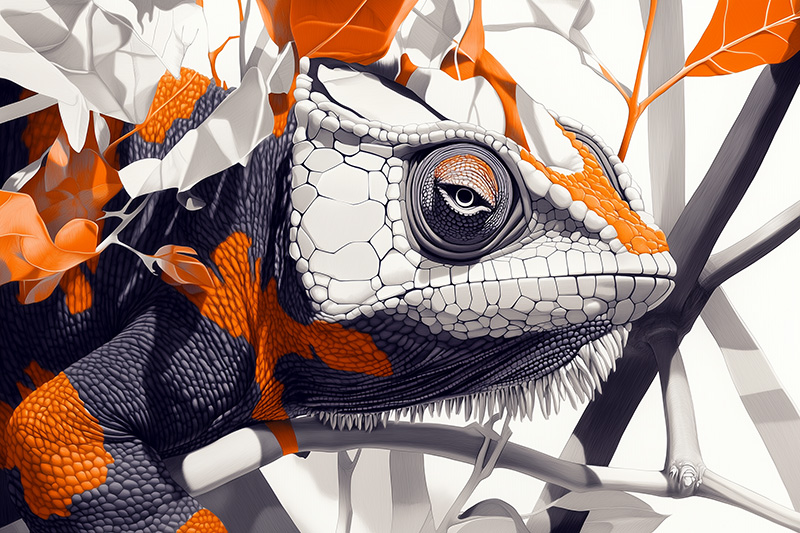Illustration détaillée d'un caméléon au regard perçant, perché sur une branche. Son corps mêle des nuances de noir et d'orange, reflétant son adaptabilité et sa capacité de camouflage au sein de la nature.