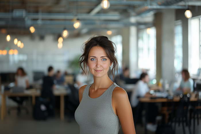 Portrait d'une femme aux yeux bleus perçants, assise dans un espace de travail chaleureux et moderne. En arrière-plan, un écran d’ordinateur affiche du code, entouré de lumières tamisées et d'étagères remplies de livres, évoquant une ambiance inspirante et studieuse.
