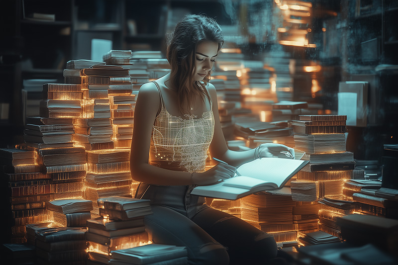 Illustration surréaliste d'une femme absorbée par sa lecture, entourée de piles de livres lumineux. Son haut, composé de lignes dorées, évoque un circuit de connaissances, symbolisant l'apprentissage et l'expertise dans une bibliothèque mystique.