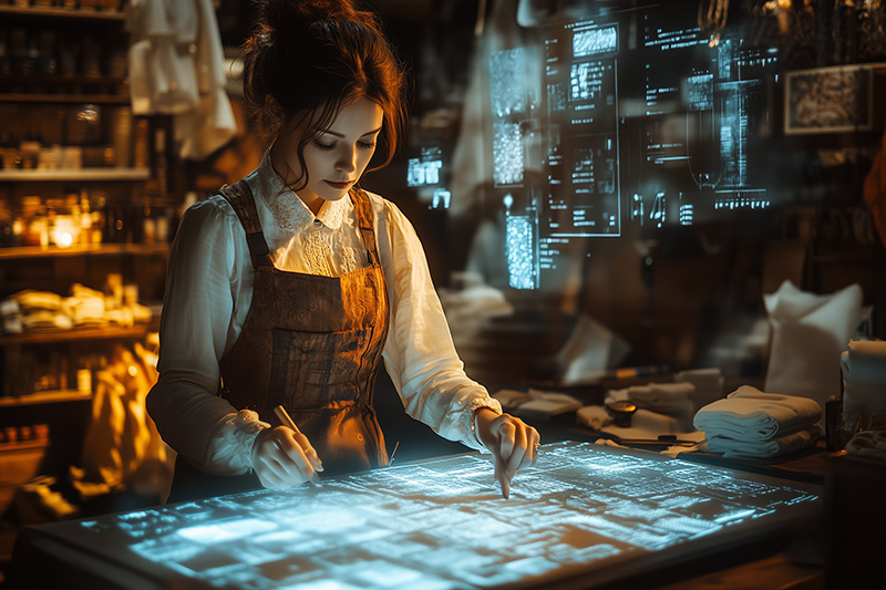 Illustration d'une couturière travaillant sur un tissu digital interactif, fusionnant artisanat et haute technologie. Dans un atelier vintage, elle manipule un écran holographique projetant des motifs complexes, illustrant l'innovation dans le design textile.