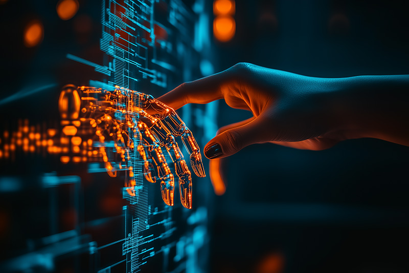Illustration futuriste représentant la connexion entre l'humain et l'intelligence artificielle. Une main humaine effleure une main robotique holographique, évoquant une alliance entre technologie et humanité.