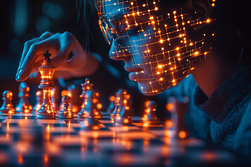 Illustration futuriste d'une joueuse d'échecs dont le visage est parcouru de circuits lumineux. Sa main avance une pièce sur l'échiquier, représentant l'union entre stratégie humaine et intelligence artificielle.