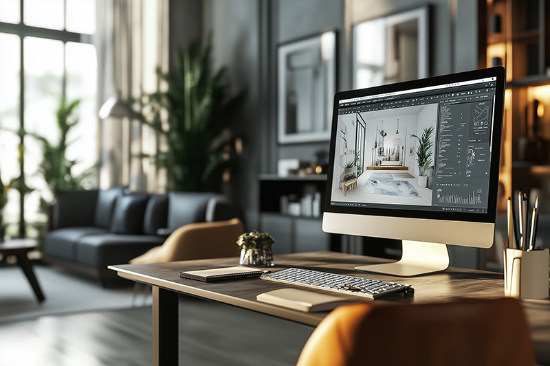 Bureau moderne et élégant avec un ordinateur affichant un projet de design d'intérieur, illustrant le travail d'un architecte ou designer.