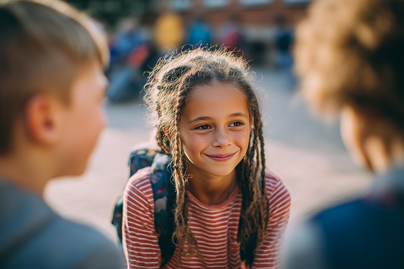 Enfant souriant avec un sac à dos discutant avec d'autres enfants dans la cours de récré.
