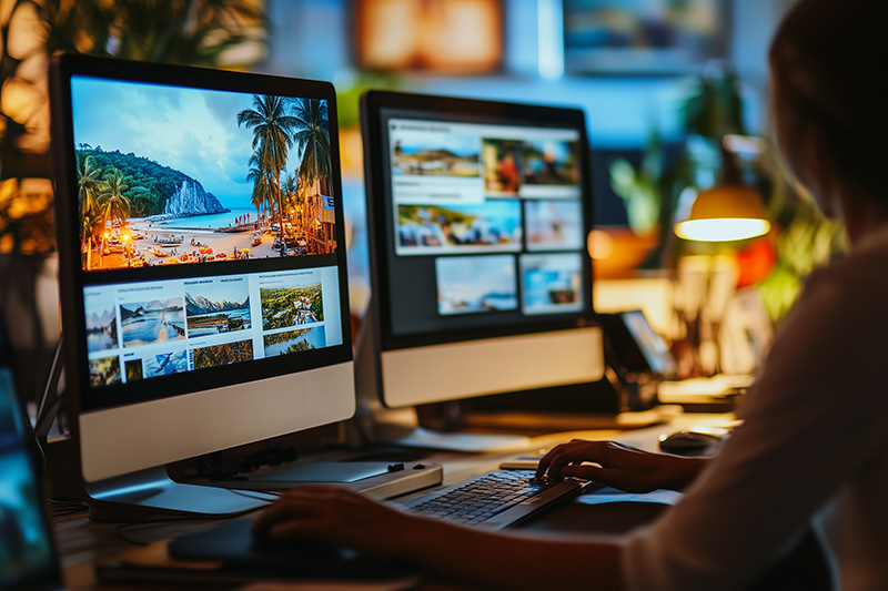 Personne travaillant dans une agence digitale, sélectionnant des images de voyage sur un double écran, illustrant la création de contenu visuel.