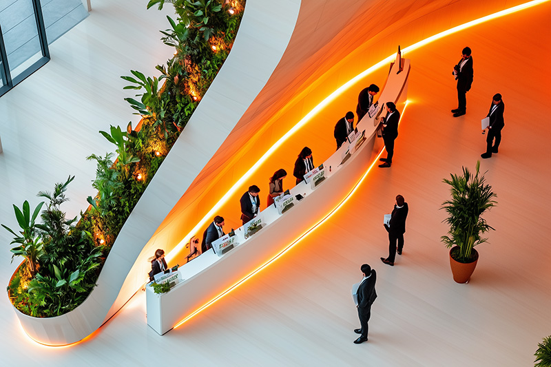 Hall d'accueil moderne avec un comptoir d'enregistrement illuminé, où des participants en costume font la queue pour un événement professionnel.