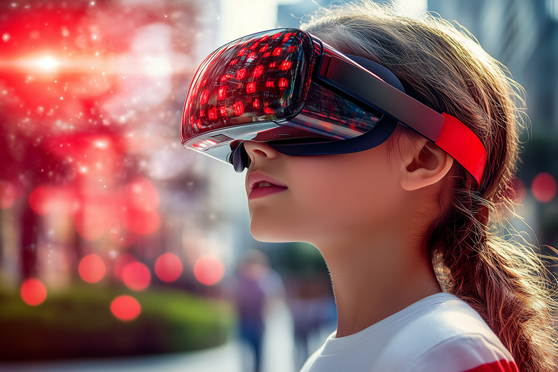 Enfant de 9 ans portant un casque de réalité virtuelle futuriste en extérieur, explorant un monde immersif de réalité augmentée.
