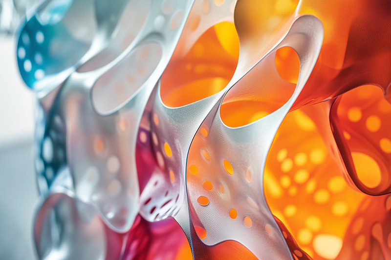 Structure en matériau composite aux formes organiques avec un jeu de lumière coloré, illustrant l'innovation en design et en ingénierie avancée.