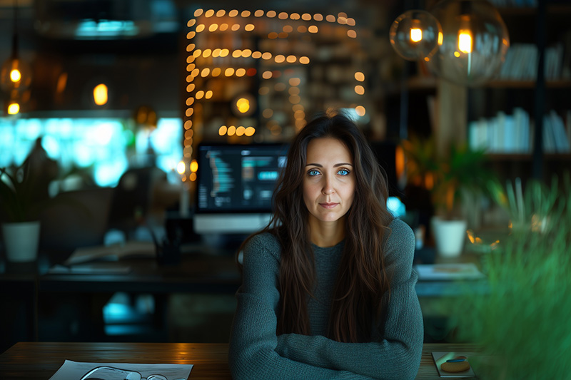 Femme aux cheveux bruns et aux yeux bleus, développeuse et cheffe de projet, assise devant un écran affichant du code, illustrant la gestion de projet et le développement web.