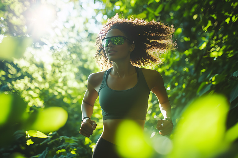 Femme en tenue de sport courant en pleine nature, portant des lunettes intelligentes, sous une lumière naturelle vibrante.