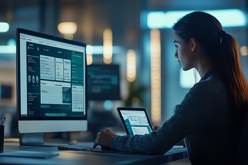 Femme consultant des données bancaires sur un ordinateur et une tablette dans un bureau moderne, illustrant la gestion financière et la sécurité numérique.