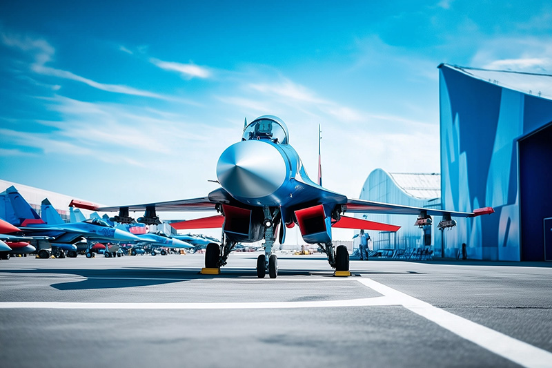 Avion de chasse moderne stationné sur le tarmac d'une base aérienne, avec un hangar en arrière-plan. Vue frontale mettant en valeur son design aérodynamique.