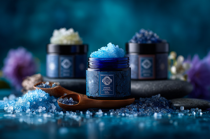 Sels de bain artisanaux bleus dans un pot en verre, ambiance spa et bien-être.