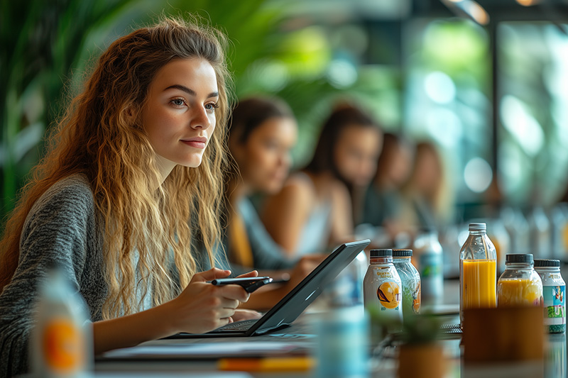 Jeune femme suivant une formation numérique dans un espace lumineux, avec d'autres participants en arrière-plan, illustrant l'apprentissage collaboratif.
