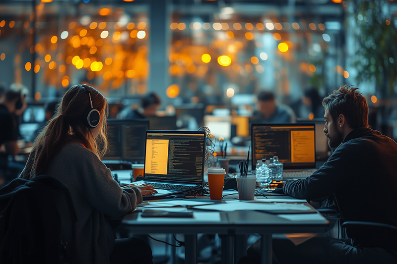 Développeurs participant à un hackathon dans un open space moderne, collaborant sur du code informatique pour innover et résoudre des défis technologiques.