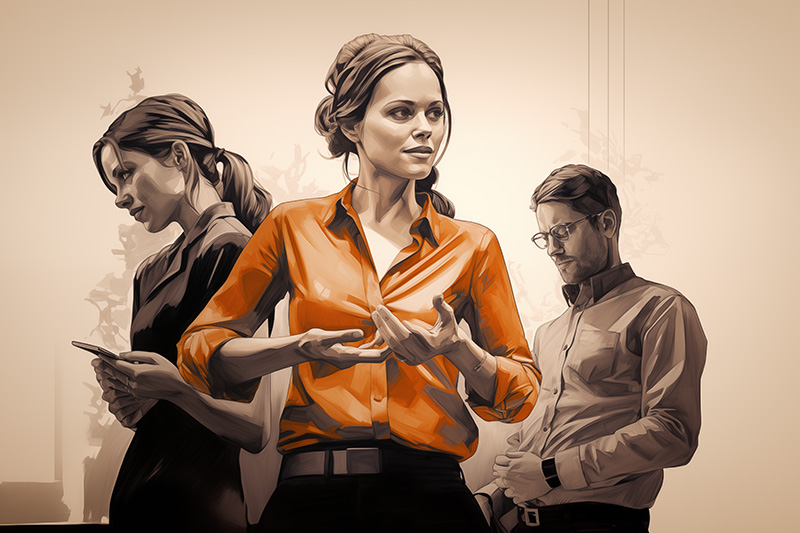 Illustration artistique représentant la gestion de projet et le leadership d'équipe, avec une femme en chemise orange communiquant avec assurance, entourée de collègues concentrés sur leurs tâches.