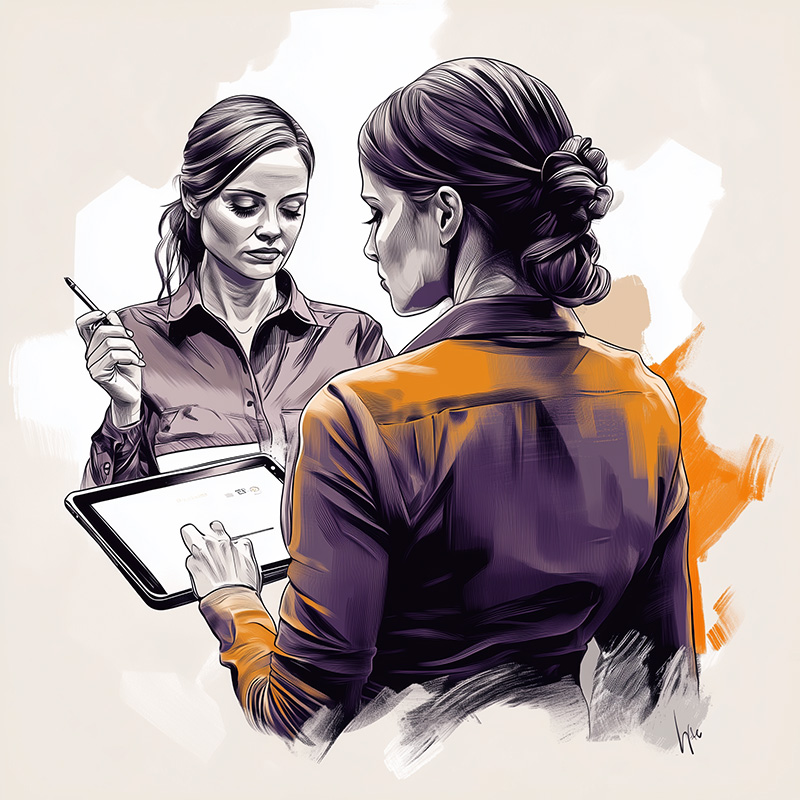 Illustration artistique représentant l'UX et l'UI design, avec deux femmes collaborant sur une interface numérique sur tablette, symbolisant l'ergonomie et l'expérience utilisateur dans le design digital.