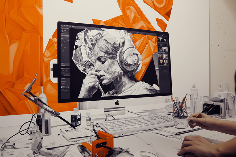 Illustration représentant les compétences en graphisme, avec un designer travaillant sur un projet numérique complexe à l'écran, entouré d’outils de création et d'un décor dynamique en orange et noir et blanc.