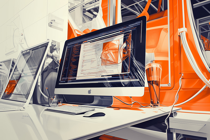 Illustration stylisée d'un poste de travail de développeur avec un écran affichant du code HTML et CSS, entouré d'ordinateurs portables, de câbles et d'accessoires de bureau, dans un décor moderne aux accents orange et noir et blanc.