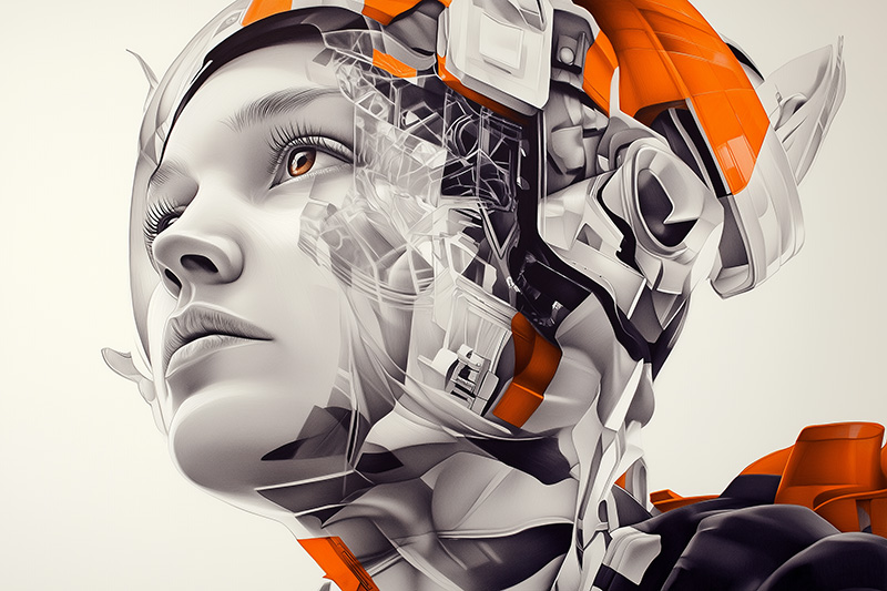 Illustration futuriste d'un visage humain fusionné avec des éléments cybernétiques et technologiques, symbolisant l'intelligence artificielle et l'évolution de l'humain augmenté. Le design en noir, blanc et orange évoque l'innovation et la transformation numérique.