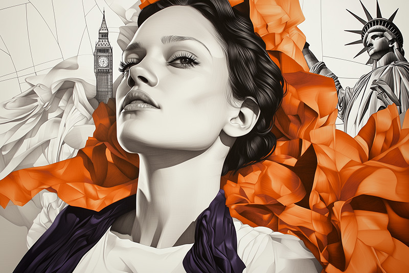 Illustration artistique représentant la maîtrise de l'anglais, avec une femme confiante entourée de Big Ben et de la Statue de la Liberté, symbolisant la fluidité linguistique et l'ouverture culturelle. Les drapés orange dynamiques évoquent l'énergie et la communication.